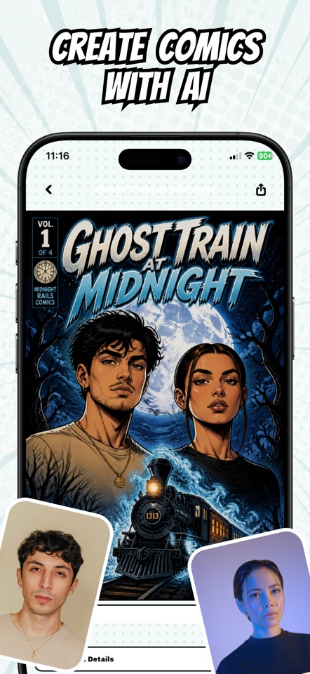 Manga Gen app showing an AI-created comic story on an iPhone